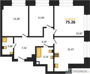 Планировка трехкомнатной(квартира) площадью 75.26 квадратных метров в ЖК “ЖК Sezar City (Сезар Сити)”