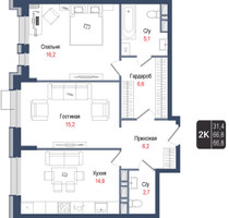 Планировка двухкомнатной(квартира) площадью 66.8 квадратных метров в “ЖК КИНОКВАРТАЛ”