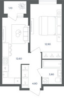 Планировка однокомнатной(квартира) площадью 34.8 квадратных метров в “ЖК Равновесие”