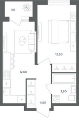 Планировка однокомнатной(квартира) площадью 34.8 квадратных метров в ЖК “ЖК Равновесие”