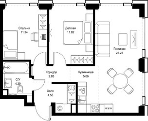 Планировка двухкомнатной(квартира) площадью 62.22 квадратных метров в ЖК “ЖК СЕТ”