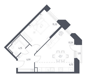Планировка однокомнатной(апартаменты) площадью 51.59 квадратных метров в ЖК “ЖК Скай Спутник”