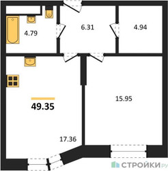 Планировка однокомнатной(квартира) площадью 49.35 квадратных метров в ЖК “ЖК Sezar City (Сезар Сити)”