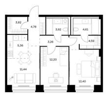 Планировка двухкомнатной(квартира) площадью 66.38 квадратных метров в “ЖК НОВА”
