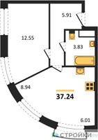 Планировка однокомнатной(апартаменты) площадью 37.24 квадратных метров в “ЖК Движение. Говорово”