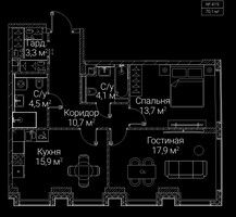 Планировка двухкомнатной(квартира) площадью 70.1 квадратных метров в “ЖК СЕЗАР БУДУЩЕЕ”