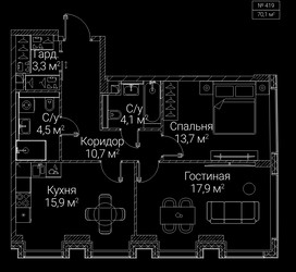 Планировка двухкомнатной(квартира) площадью 70.1 квадратных метров в ЖК “ЖК СЕЗАР БУДУЩЕЕ”