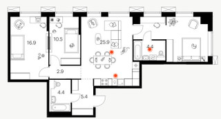 Планировка трехкомнатной(квартира) площадью 88.4 квадратных метров в “ЖК Плеханова 11”