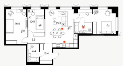 Планировка трехкомнатной(квартира) площадью 88.4 квадратных метров в ЖК “ЖК Плеханова 11”