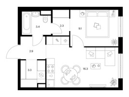 Планировка однокомнатной(квартира) площадью 37.3 квадратных метров в “ЖК Кавказский бульвар 51”