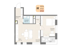 Планировка студии(квартира) площадью 49.42 квадратных метров в “ЖК Дюна”