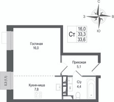 Планировка студии(квартира) площадью 33.3 квадратных метров в “ЖК КИНОКВАРТАЛ”
