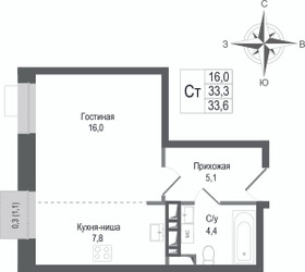 Планировка студии(квартира) площадью 33.3 квадратных метров в ЖК “ЖК КИНОКВАРТАЛ”