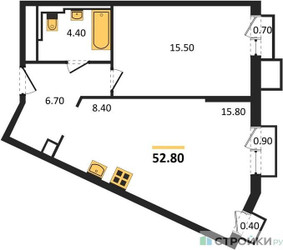 Планировка однокомнатной(квартира) площадью 52.81 квадратных метров в ЖК “ЖК Sky Sputnik (Скай Спутник)”