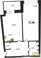 Планировка однокомнатной(апартаменты) площадью 72.9 квадратных метров в “ЖК Маршал”