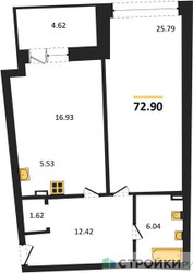 Планировка однокомнатной(апартаменты) площадью 72.9 квадратных метров в ЖК “ЖК Маршал”