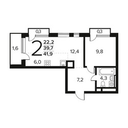 Планировка двухкомнатной(квартира) площадью 42 квадратных метров в ЖК “Новые Ватутинки. Заречный”