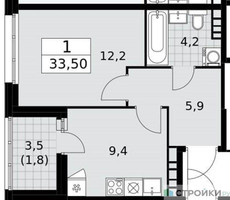 Планировка однокомнатной(квартира) площадью 33.5 квадратных метров в “ЖК Дзен-кварталы”