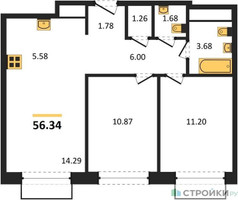 Планировка двухкомнатной(квартира) площадью 56.34 квадратных метров в “ЖК Новоград Павлино”
