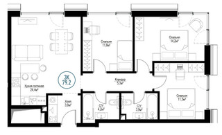 Планировка трехкомнатной(квартира) площадью 78.2 квадратных метров в “ЖК Метрополия”