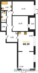 Планировка трехкомнатной(квартира) площадью 68.2 квадратных метров в “ЖК 1-й Южный (Первый Южный)”