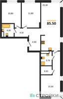 Планировка трехкомнатной(квартира) площадью 85.5 квадратных метров в “ЖК Детали”