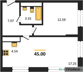 Планировка однокомнатной(квартира) площадью 45 квадратных метров в ЖК “ЖК Дюна”