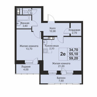 Планировка двухкомнатной(апартаменты) площадью 59.2 квадратных метров в “ЖК Кашинцево”