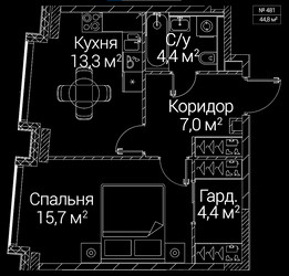 Планировка однокомнатной(квартира) площадью 44.8 квадратных метров в ЖК “ЖК СЕЗАР БУДУЩЕЕ”