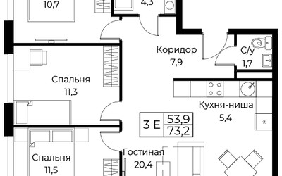 Планировка трехкомнатной(апартаменты) площадью 73.2 квадратных метров в ЖК “ЖК Апарт-комплекс AIST RESIDENCE (Аист Резиденс)”