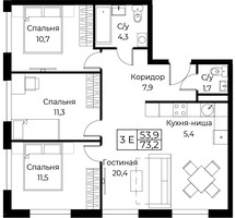 Планировка трехкомнатной(апартаменты) площадью 73.2 квадратных метров в “ЖК Апарт-комплекс AIST RESIDENCE (Аист Резиденс)”