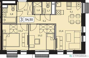 Планировка двухкомнатной(квартира) площадью 54.5 квадратных метров в “ЖК Квартал на воде (Графика на воде)”
