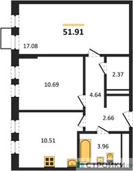 Планировка двухкомнатной(квартира) площадью 51.91 квадратных метров в ЖК “ЖК Пригород Лесное”