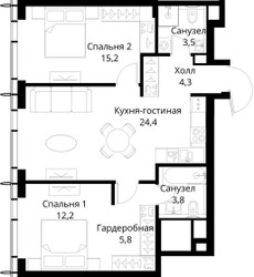 Планировка двухкомнатной(квартира) площадью 69.2 квадратных метров в ЖК “ЖК Сити Бэй”