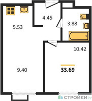 Планировка однокомнатной(квартира) площадью 33.69 квадратных метров в “ЖК Пятницкие луга”