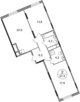 Планировка двухкомнатной(квартира) площадью 67.4 квадратных метров в “ЖК Переделкино Ближнее”