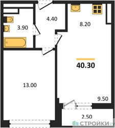 Планировка однокомнатной(квартира) площадью 40.3 квадратных метров в ЖК “ЖК Родные кварталы”