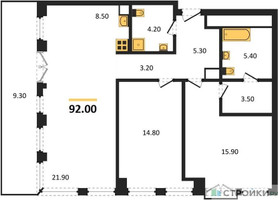 Планировка двухкомнатной(квартира) площадью 92 квадратных метров в “ЖК Emotion (Эмоушен)”