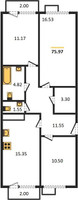 Планировка трехкомнатной(квартира) площадью 75.97 квадратных метров в “ЖК Катуар”
