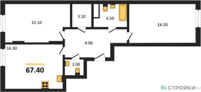 Планировка двухкомнатной(квартира) площадью 67.4 квадратных метров в ЖК “ЖК Переделкино Ближнее”