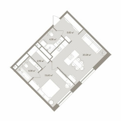 Планировка двухкомнатной(апартаменты) площадью 51.38 квадратных метров в ЖК “ЖК D'ORO MILLE (Доро Милле)”