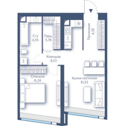 Планировка однокомнатной(квартира) площадью 53.67 квадратных метров в ЖК “ЖК Дом Дау”