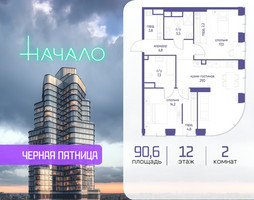 Планировка двухкомнатной(квартира) площадью 90.6 квадратных метров в “ЖК Начало”
