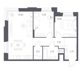 Планировка двухкомнатной(апартаменты) площадью 65.72 квадратных метров в ЖК “ЖК Апарт-отель Тропарево парк”