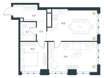 Планировка двухкомнатной(квартира) площадью 58.2 квадратных метров в ЖК “ЖК Левел Южнопортовая”