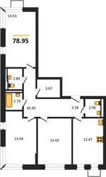 Планировка трехкомнатной(квартира) площадью 78.95 квадратных метров в ЖК “Подольские кварталы”