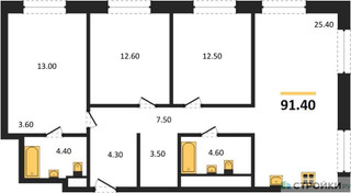 Планировка трехкомнатной(квартира) площадью 91.4 квадратных метров в “ЖК Мангазея на Речном”
