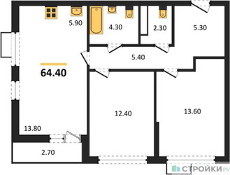 Планировка двухкомнатной(квартира) площадью 64.4 квадратных метров в ЖК “ЖК Бунинские кварталы”