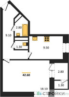 Планировка однокомнатной(квартира) площадью 43.8 квадратных метров в “ЖК Три квартала”