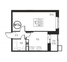 Планировка однокомнатной(квартира) площадью 38.5 квадратных метров в “ЖК Космос”